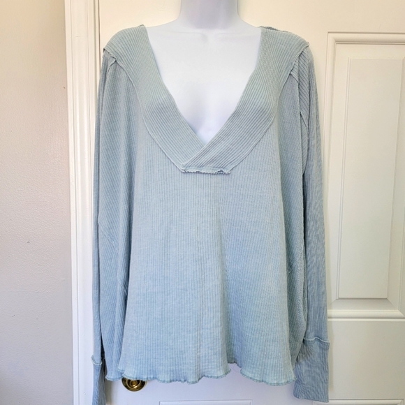 Free People We The Free Light Blue Long Sleeve Relaxed Fit Ribbed Knit Top S - Picture 1 of 10